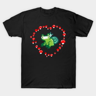 Red Mushroom Heart with Frog and Snail "Masked Goblincore Snuggles" T-Shirt